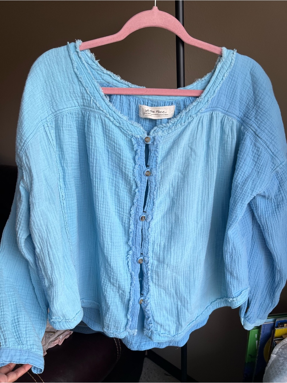 We The Free Light Blue Button-Front Cotton Gauze Top